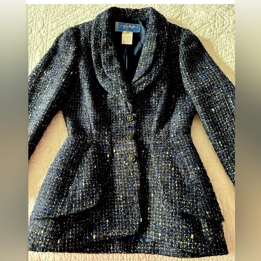 Amazing tweed Boucle Thierry Mugler iconic clepsydra jacket speckled navy blue